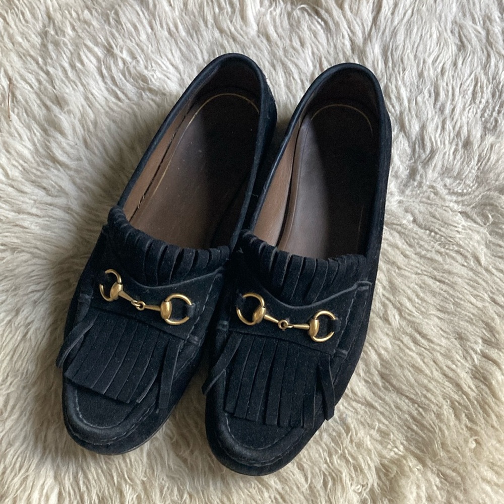 Gucci - Black Suede Fringe Moccasins Loafers
